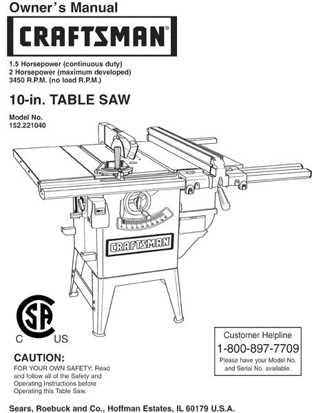  Craftsman Table Saw Owners Manual Many Models Av.  