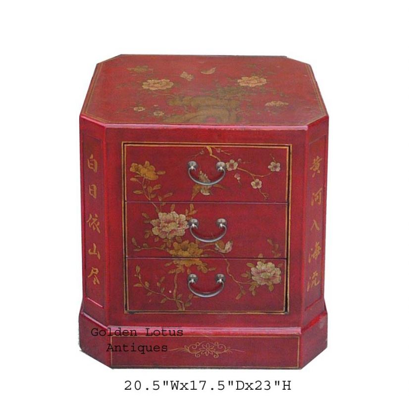   Octagonal Shape Gold Painted w/Chinese Poem Leather Cabinet WK1310