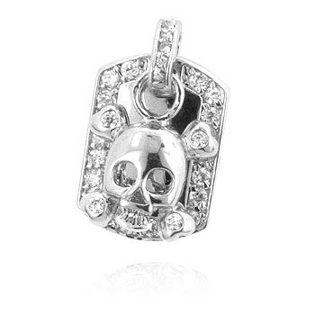 CZ CUBIC ZIRCONIA SKULL CROSSBONES DOG TAG  