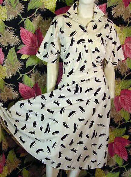 80s White/black Scribble print Shirtwaist dress L/XL 46  