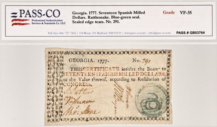 Colonial Currency, GA, 1777 $17, Rattlesnake Note  