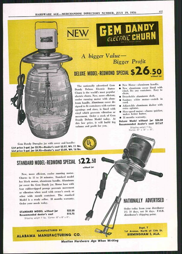 1954 ad Gem Dandy Electric Butter Churn Alabama Manufacturing ORIGINAL 