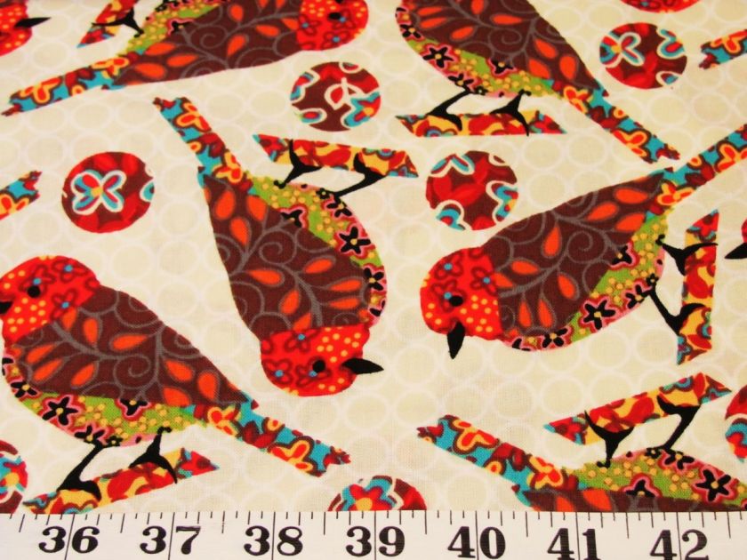 BTY MULTI COLOR BIRDS ON CREAM   RUMBA COTTON FABRIC BLANK QUILTING 43 