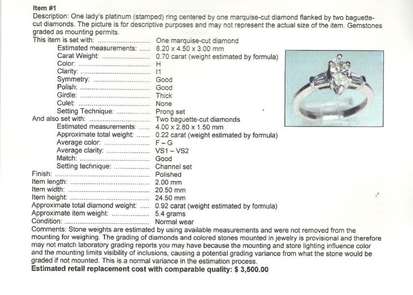 92ct Genuine Marquise Diamond Solid Platinum 950 Ring $3,500  