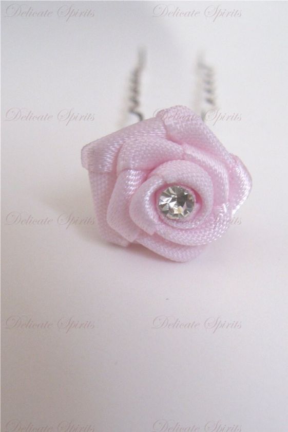 Bridal Prom Pink Satin Rose Rhinestone Hairpin  