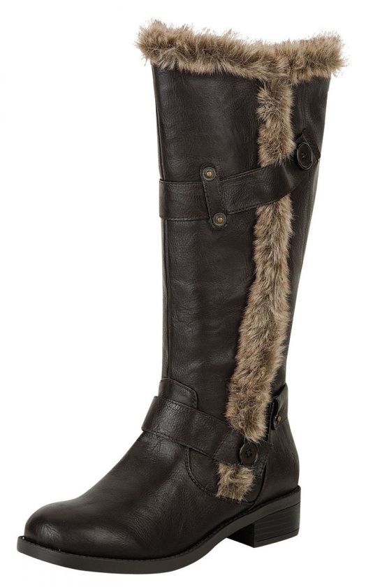 Maven Riding Boot Style Faux Fur Trim Mid Calf Brown  