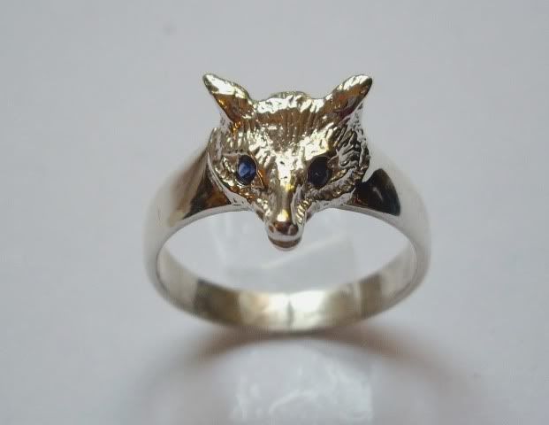 Hallmarked Sterling Silver Fox Head Ring Sapphire Eyes Hunting Any 