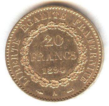 1894 French France LUCKY ANGEL GOLD bullion coin .1867 oz ounce 90% 20 