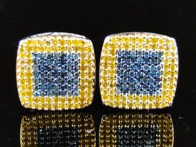 MENS LADIES CLUSTER ROUND BLUE DIAMOND STUD EARRINGS  