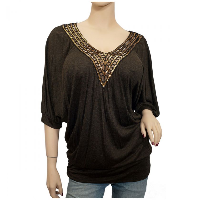 Jr Plus Size Glitter Sequins V neck Top Brown  