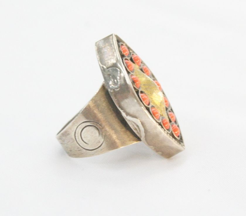AFGHAN KUCHI STERLING SILVER CORAL BEADS RING SIZE 8.5  