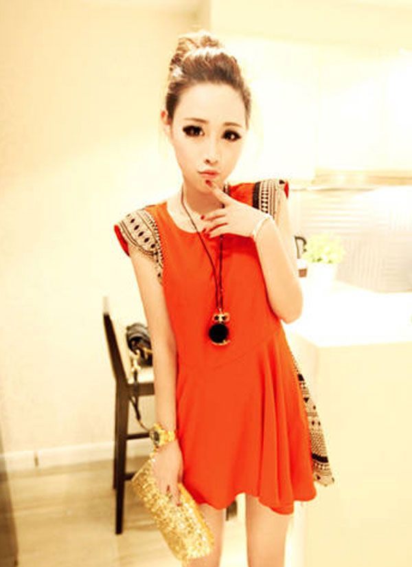   Geometric patterns Shoulder pads Dress 2Color L034  