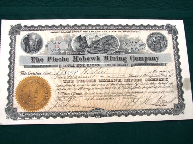   Mining Co 1907 Washington State Stock Cert orig 2000 shares  