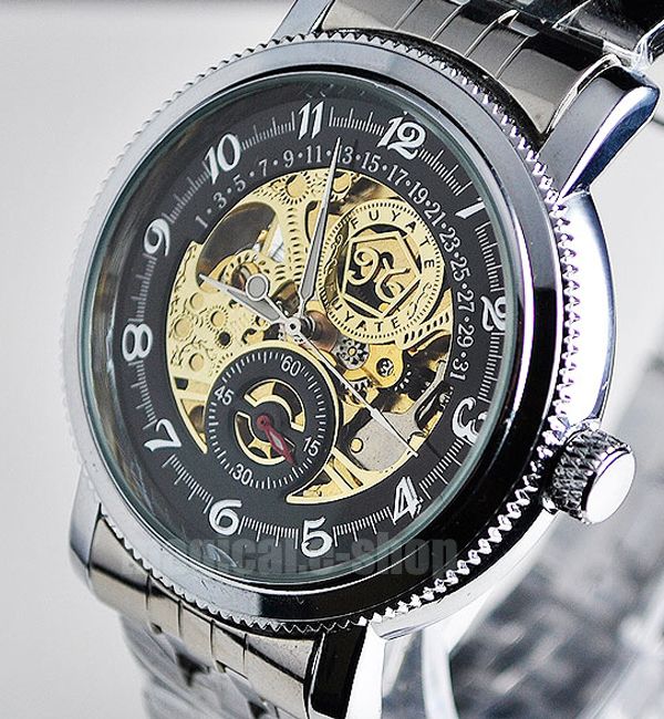 Unique Elegant Skeleton Gold Auto Mechanical Mens Watch  