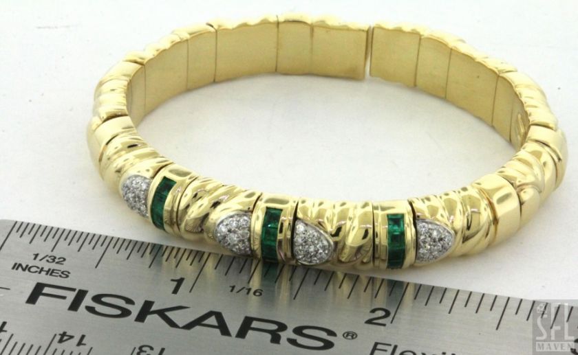 HEAVY VINTAGE 18K GOLD ITALY .92CTW VS/F DIAMOND/EMERALD DESIGNER CUFF 