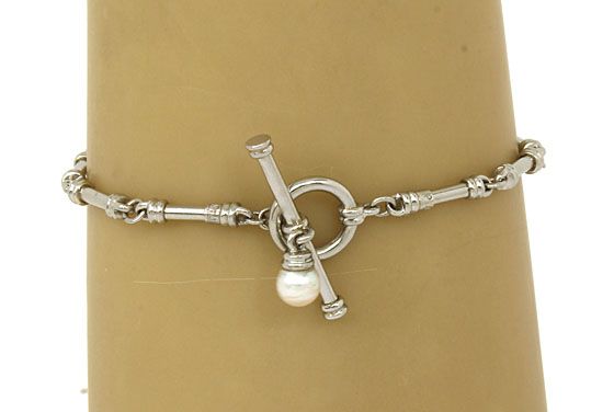 SCOTT KAY SIGNED PLATINUM & PEARL TOGGLE BRACELET  