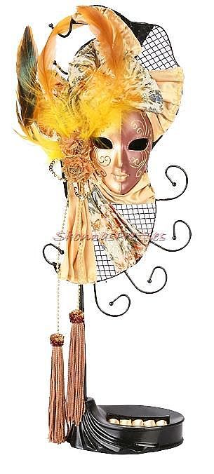 Nw Masquerade Mask Jewelry Stand Gold Feathers Tassels Organizer 