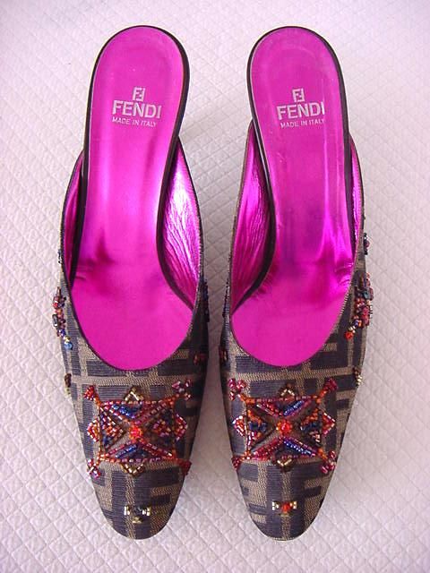 FENDI shoe Signature Logo canvas beaded Mule 9.5  