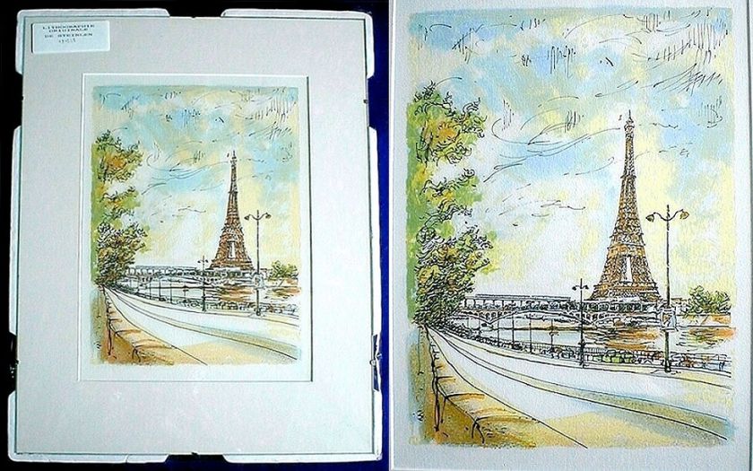   STEINLEIN LITHOGRAPH COLOR FRAMED EIFFEL TOWER PARIS FRANCE  