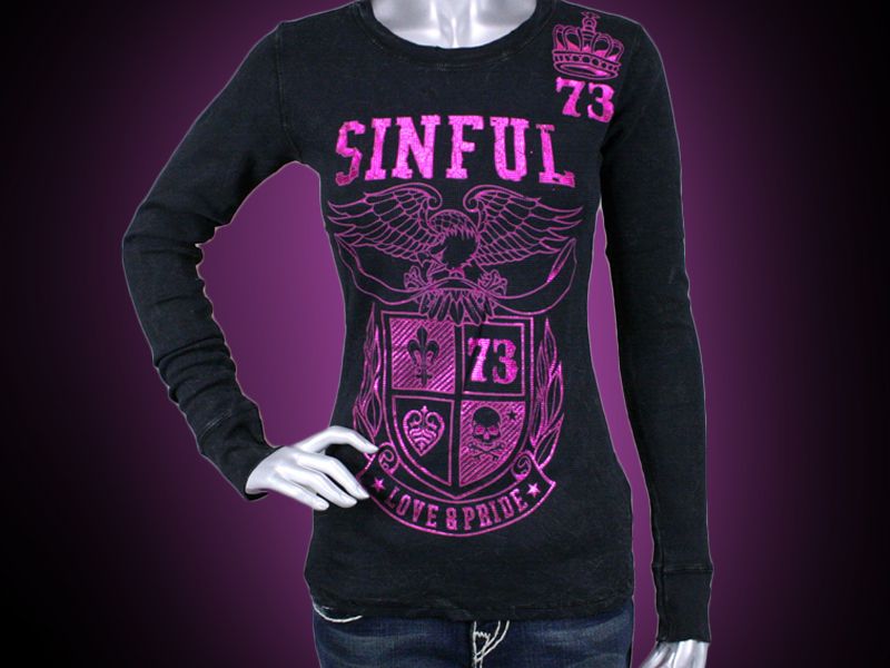 AFFLICTION womens shirt SINFUL Calera Thermal pink foil  