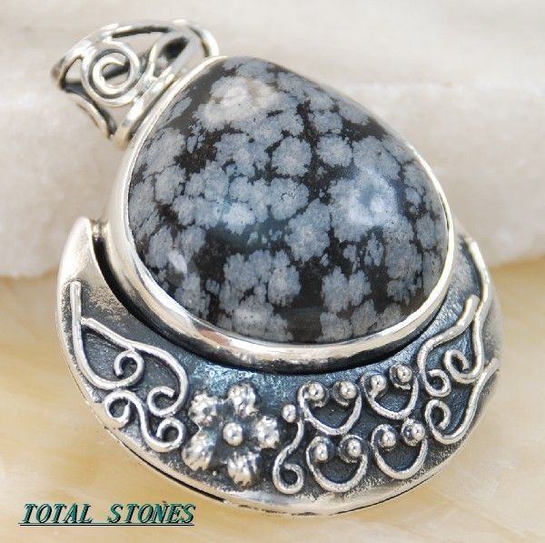 HUGE SNOWFLAKE OBSIDIAN GEMSTONE SILVER PENDANT P7608  