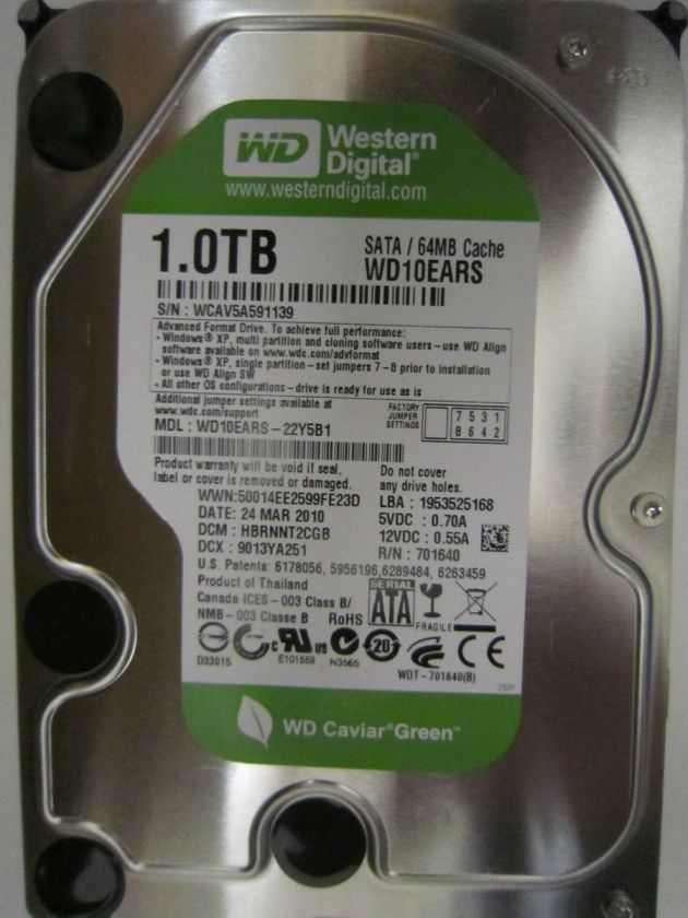 WESTERN DIGITAL 1TB WD10EARS  22Y5B1 DCMHBRNNT2CGB SATA HDD 