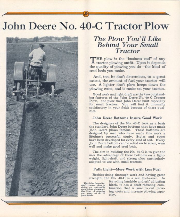 1929 JOHN DEERE NO. 40 C TRACTOR PLOW GRAPHIC BROCHURE  