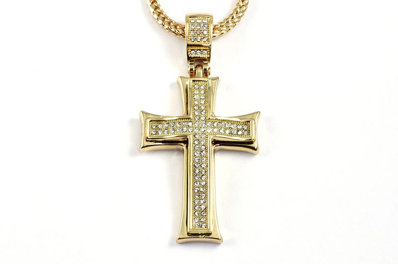 New Iced Out Pave Cross Pendant w/Franco Chain Gold #2  