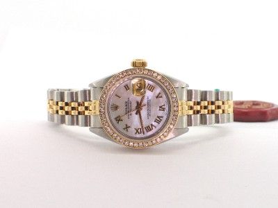 ROLEX SS GOLD DATEJUST LADIES MOP DIAL 18K DIAMOND BEZEL WATCH W 