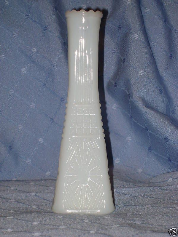 TALL SQUARE WHITE MILK GLASS BUD VASE DIAMOND PATTERN  