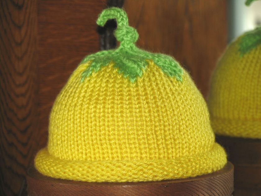 Hand Knit Lemon Yellow Fruit Hat with Green Knot Top  