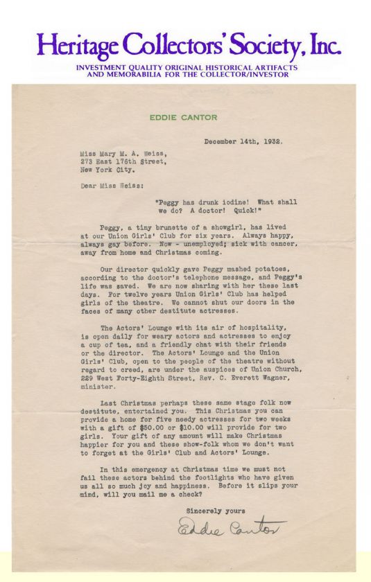 Eddie Cantor, comedian, dancer, singer, actor, signed letter  