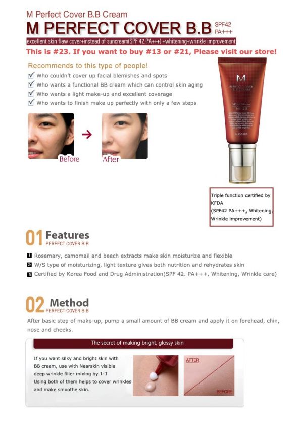 Missha M PERFECT COVER BB CREAM No.23 50ml, 50g SPF42  