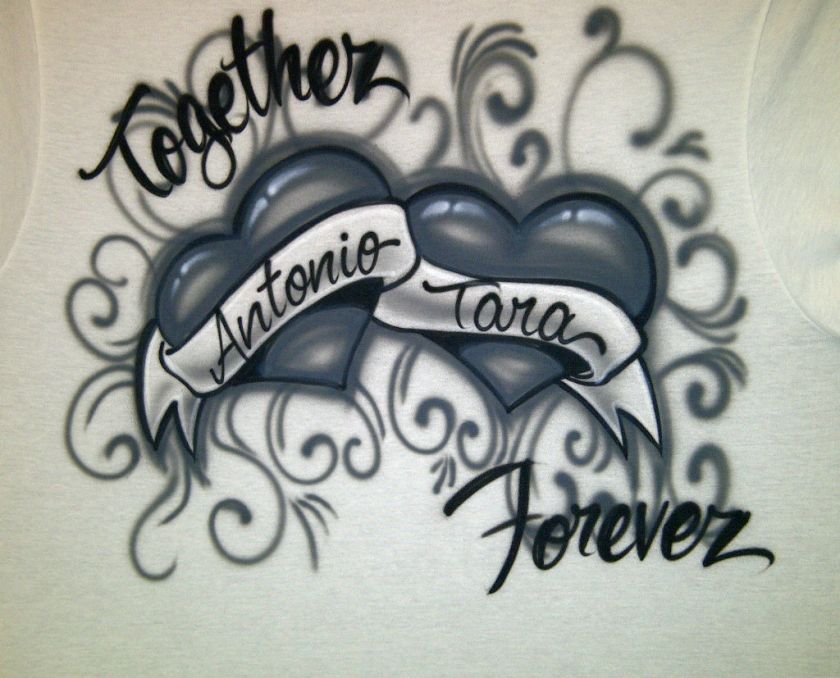   Couples Names T Shirt Airbrush Hearts sz S M L XL Shirt Airbrushed