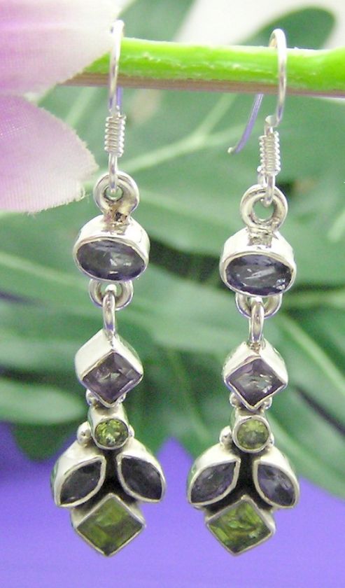   Thai 925 Sterling Silver AMETHYST SAPPHIRE PERIDOT Beautiful Earrings