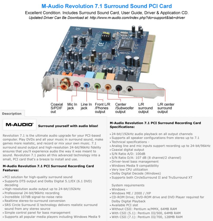 Audio Revolution 7.1 Surround Sound Card ~ PCI  