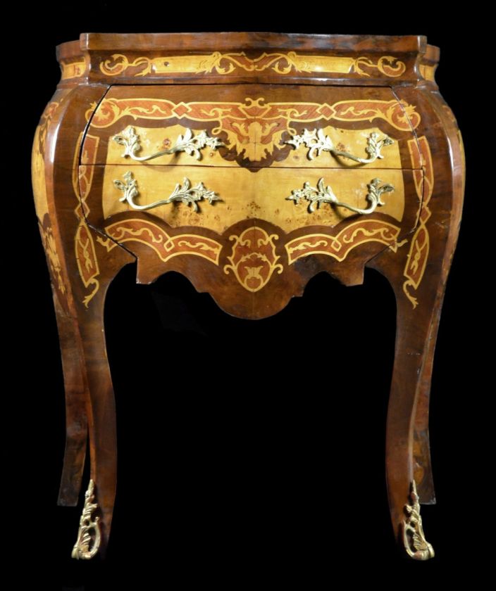   Bronze Ormolu Inlaid Chest Bombe Table Burled Side Regency Empire