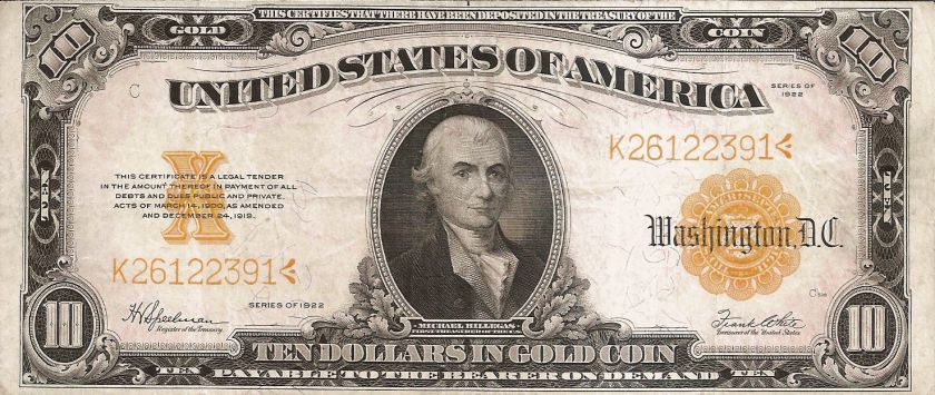   NOTE CHOICE 1922 TEN DOLLAR GOLD CERTIFICATE CURRENCY BILL $ 10  