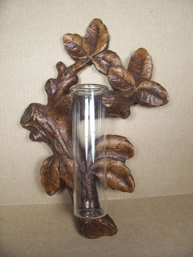 Vintage Orna Wood Wall Pocket / Wall Vase   6 1/2 Tall with Glass 