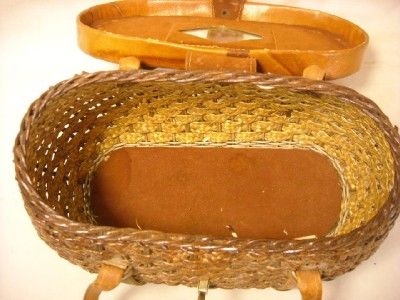 VTG WOVEN BRAIDED WICKER & EMBOSSED LEATHER FISHING CREEL STYLE PURSE 