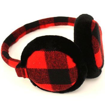 Winter Ski Fuzzy Earmuff Buffalo Plaid Adjustable Red  