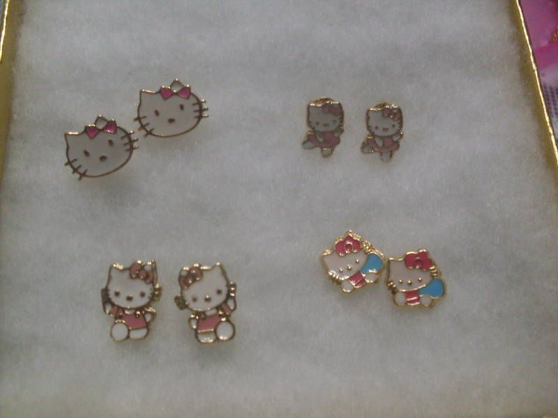 18Kt Gold gf LOT OF 4 GIRLS HELLO KITTY STUD EARRINGS  