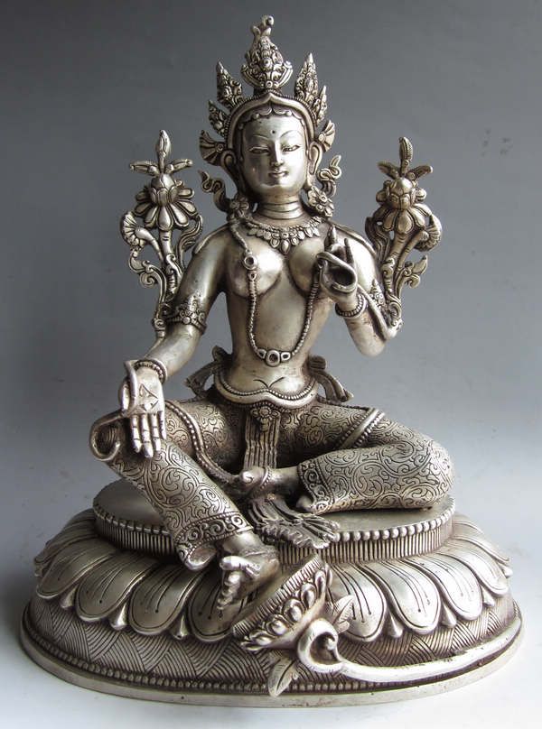 11 Old Tibet Tibetan Silver Green Tara Goddess Statue  