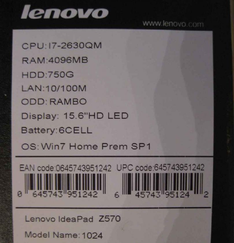 LENOVO IDEAPAD Z570 102496U LAPTOP INTEL i7 4GB RAM 750GB HD WIN7 NEW 