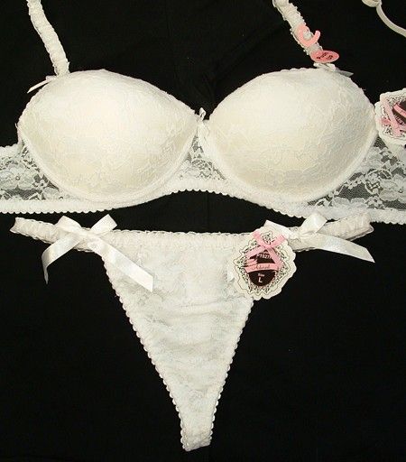 White 2 PC. ADORED LACE PUSH UP DEMI BRA THONGS SETS  32 40 A/B/C 