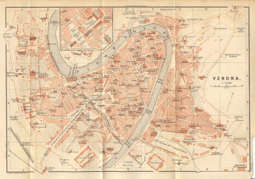 Engraved Color Map Verona Italy 1895 Fiume Adige Antiqu  