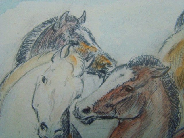 Mixed Media Ila Mae McAfee Taos New Mexico Wild Horses signed WPA 