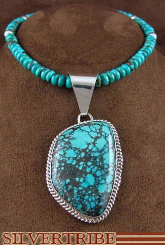 Native American Turquoise Silver Pendant Necklace Set  