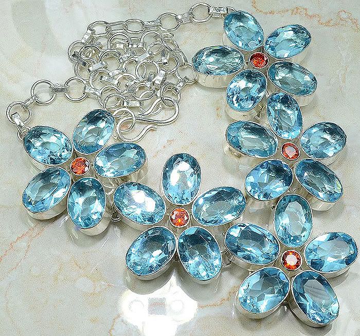 BLUE TOPAZ+ORANGE QUARTZ SILVER NECKLACE 18 1/2; S8739  