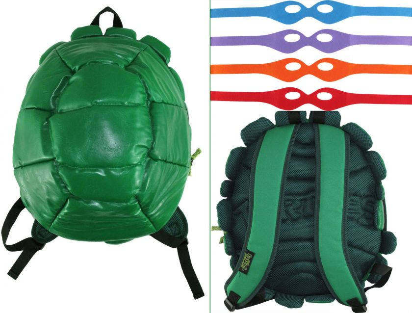   backpack is in the shape of a half shell and includes four felt masks